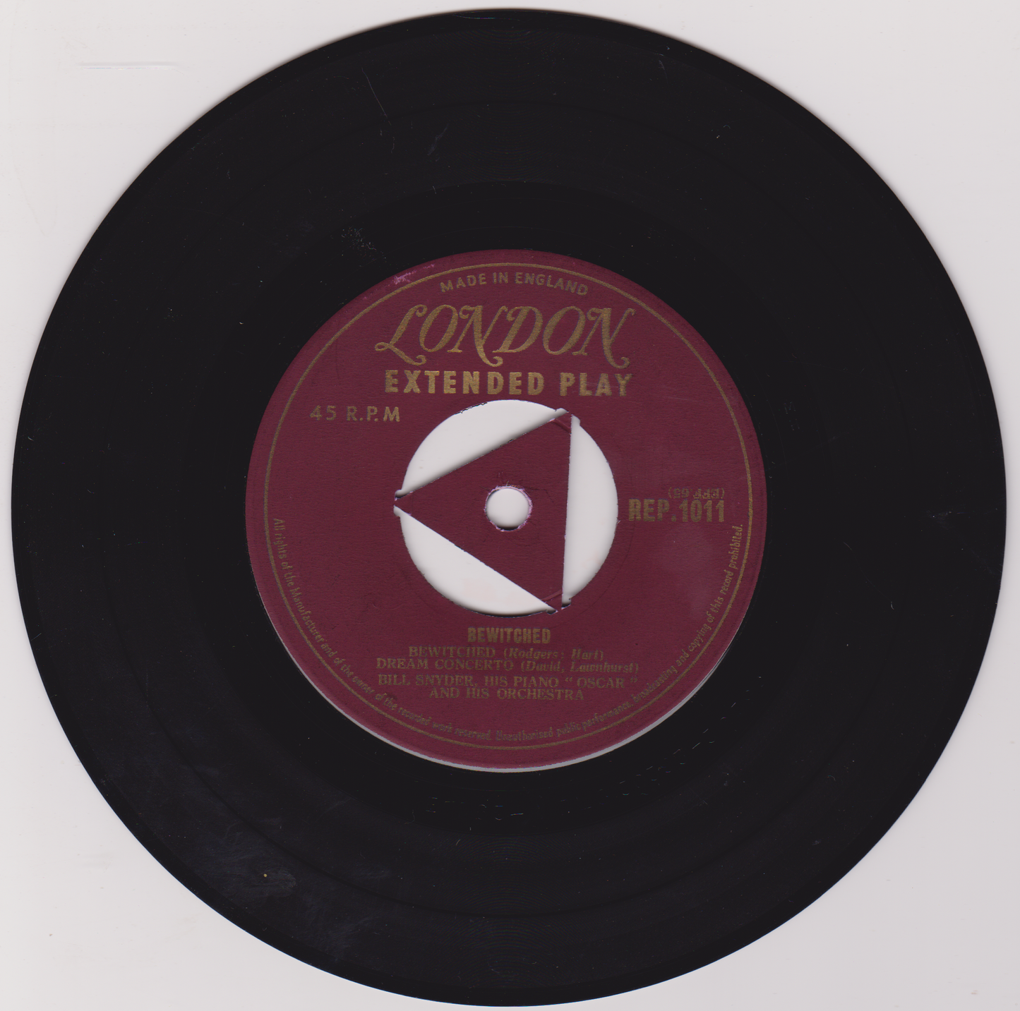 Bill Snyder, His Piano "Oscar," And His Orchestra – Bewitched (London) 7" vinyl EP VG/VG