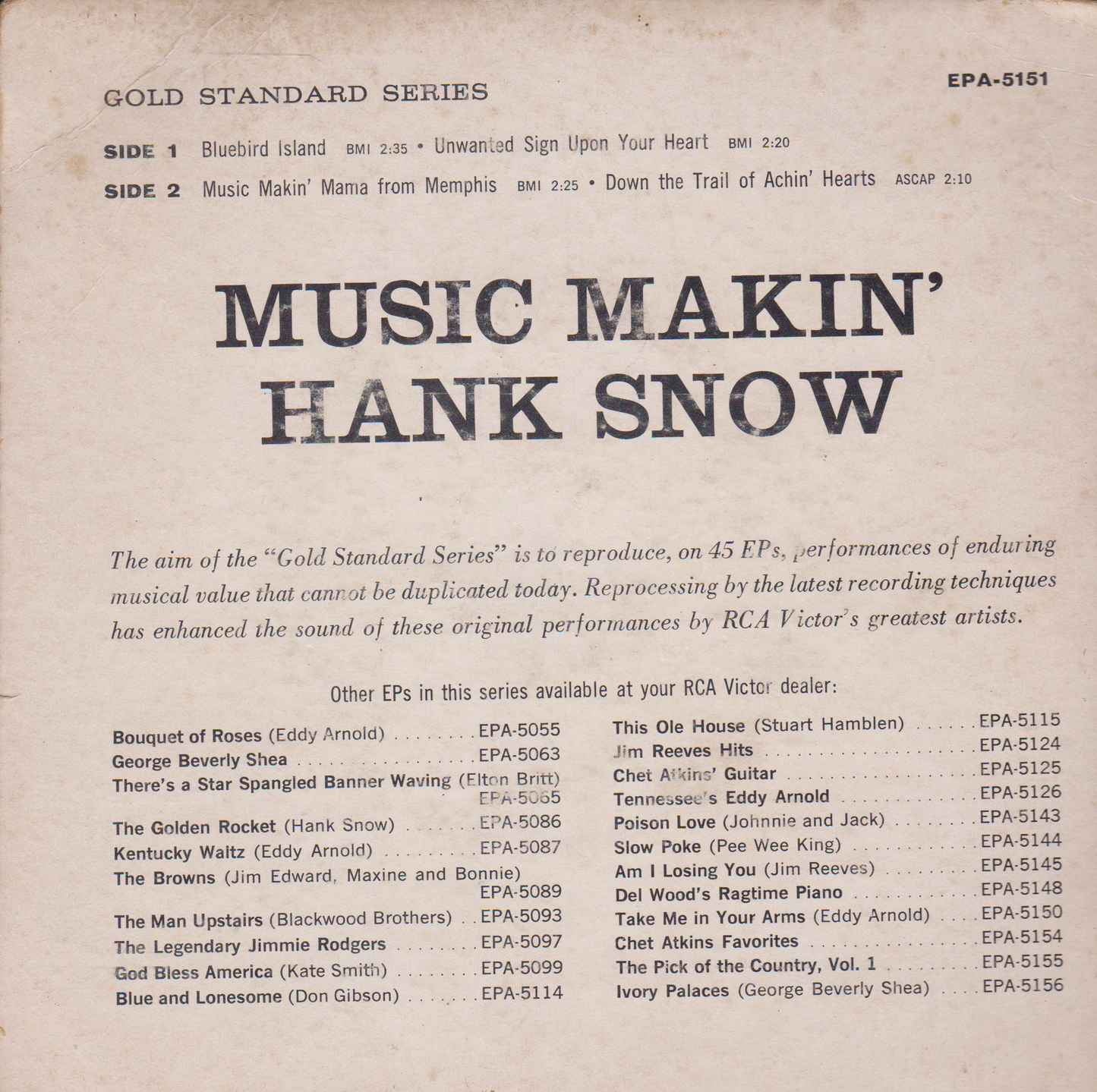 Hank Snow - Music Makin' (RCA Victor 1960) 7" vinyl EP US VG/G+
