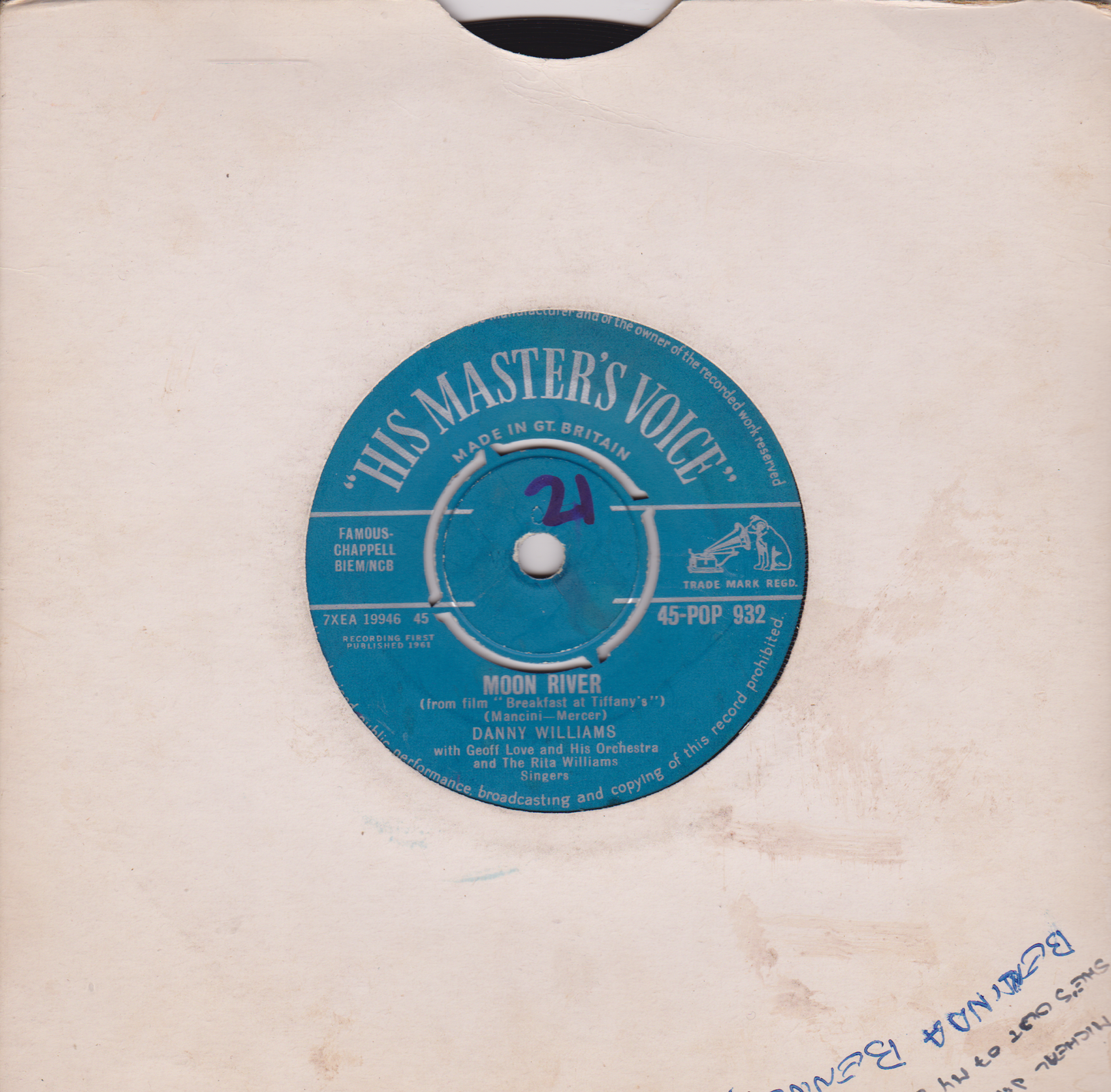 Danny Williams - Moon River (HMV, 1961) 7" vinyl single G/-