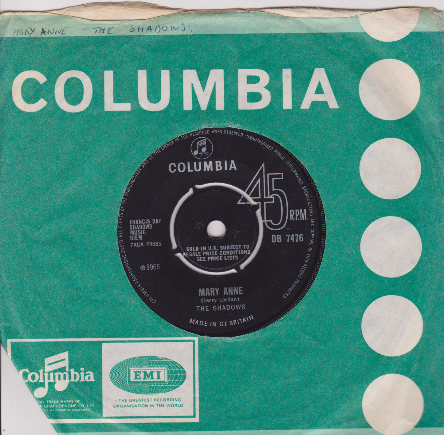 The Shadows - Mary Anne (1965) 7" vinyl single VG/VG