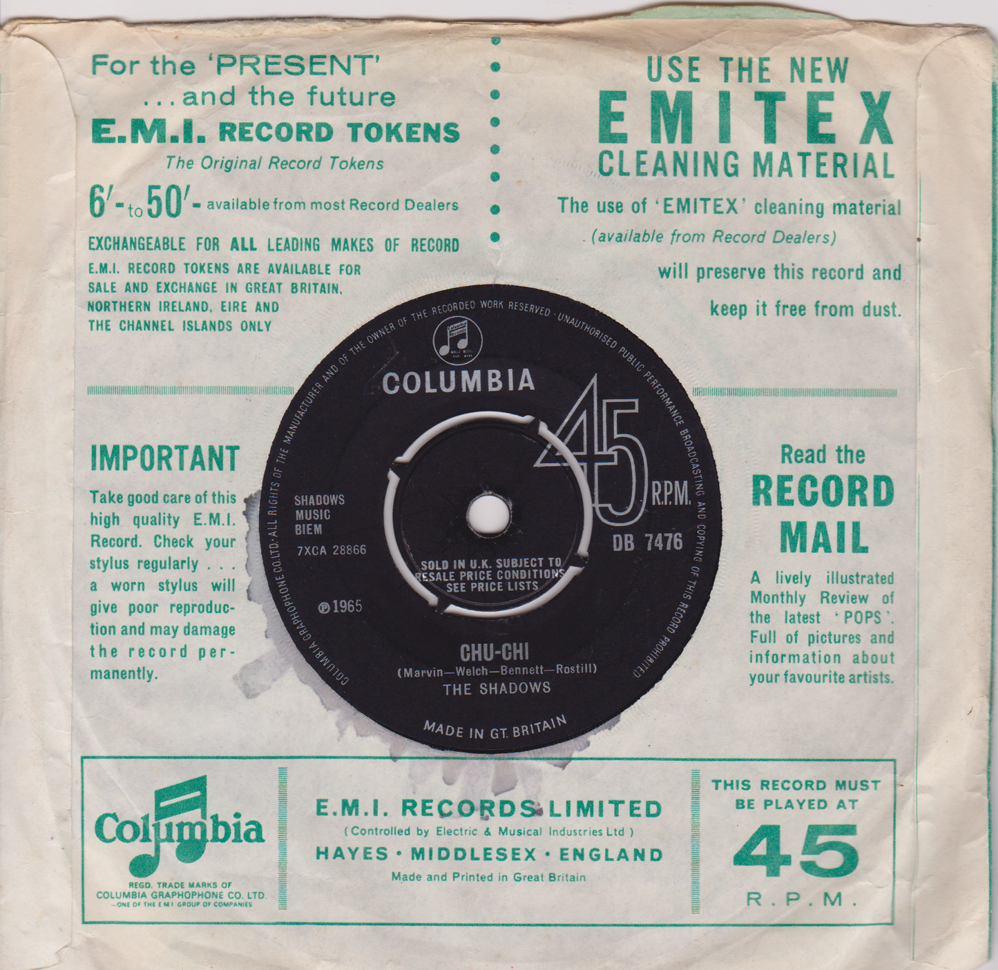 The Shadows - Mary Anne (1965) 7" vinyl single VG/VG