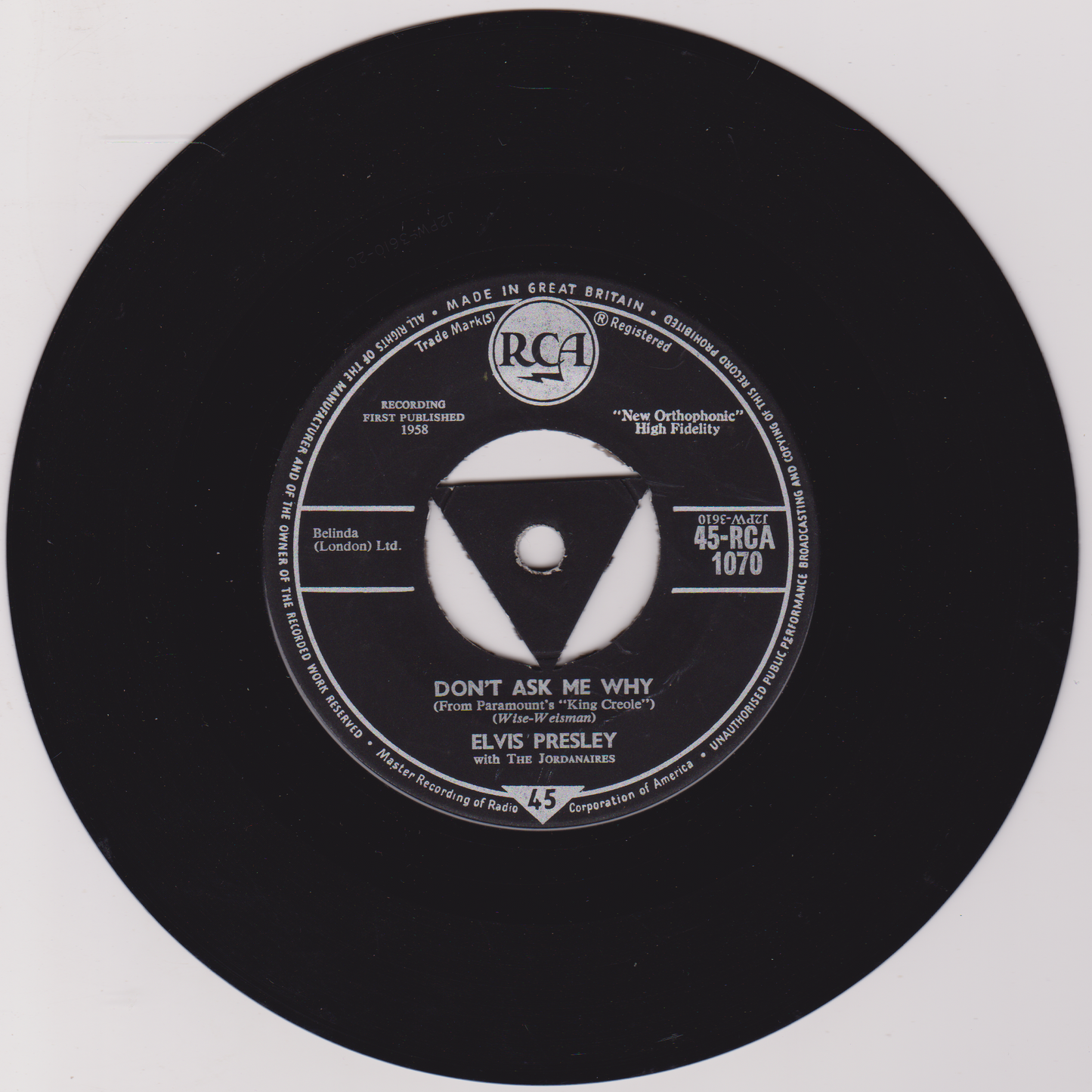 Elvis Presley With The Jordanaires – Hard Headed Woman (RCA 1958) 7" vinyl single VG/VG