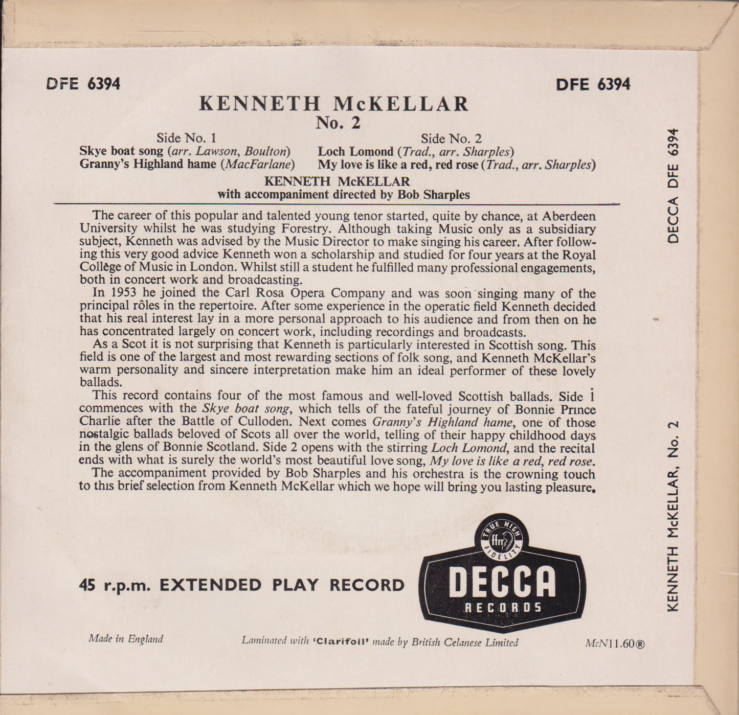Kenneth McKellar - No. 2 (Decca, 1960) 7" vinyl EP VG/VG