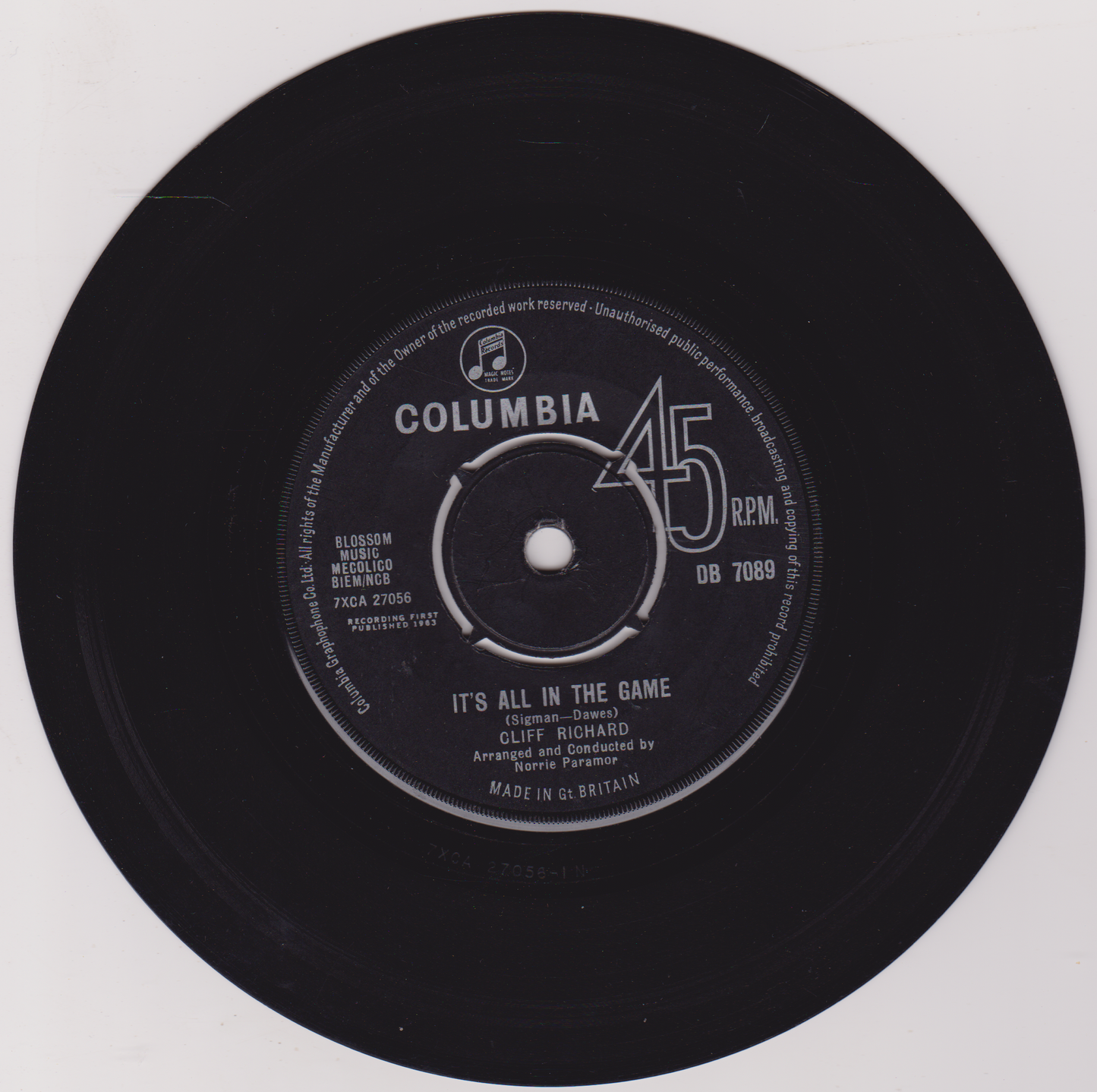 Cliff Richard And The Shadows – It's All In The Game (Columbia 1963) 7" vinyl single VG/-
