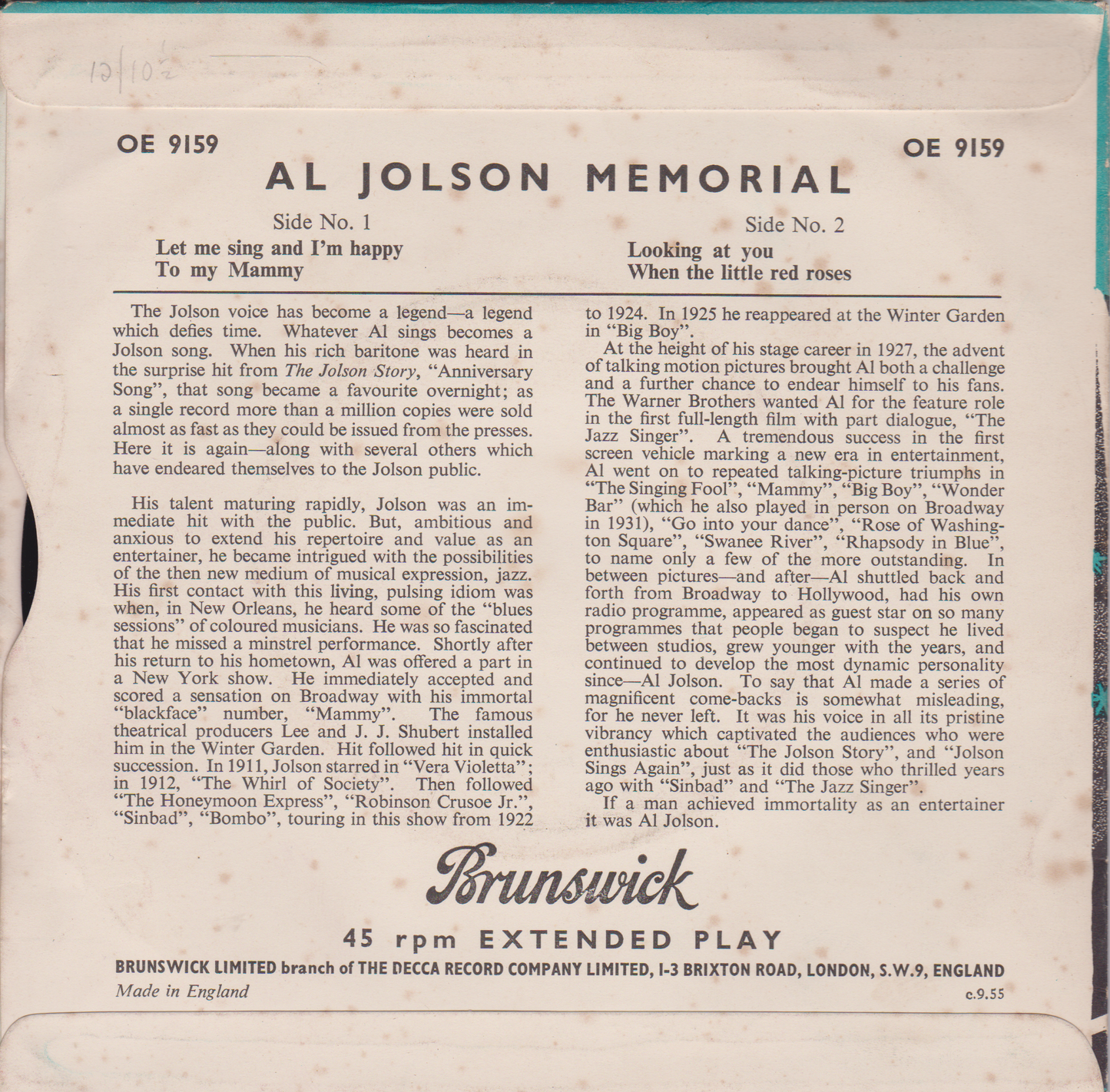 Al Jolson – Al Jolson Memorial (Brunswick) 7" vinyl EP VG/VG jukebox centre