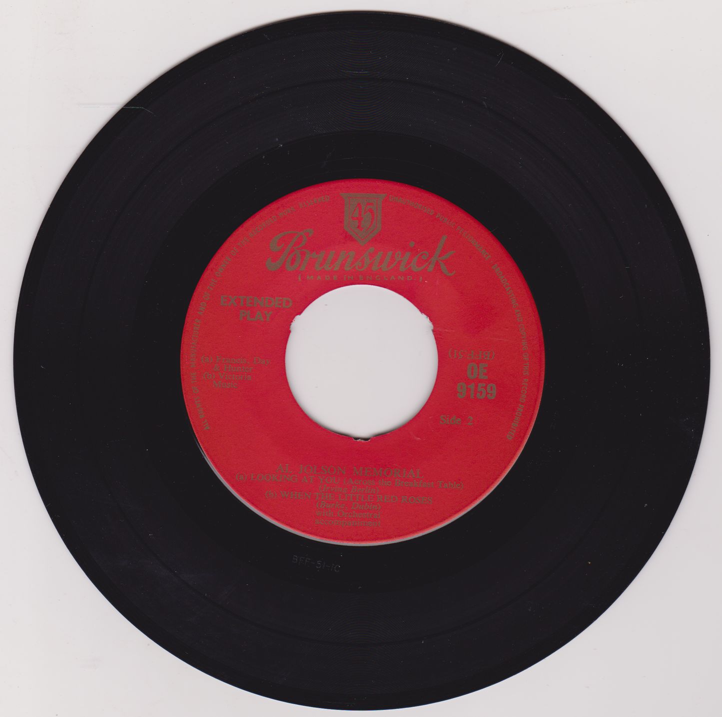 Al Jolson – Al Jolson Memorial (Brunswick) 7" vinyl EP VG/VG jukebox centre