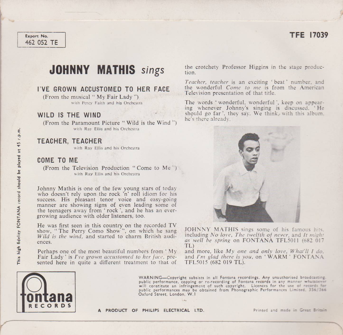 Johnny Mathis – Come To Me (Fontana 1958) 7" vinyl EP VG/VG