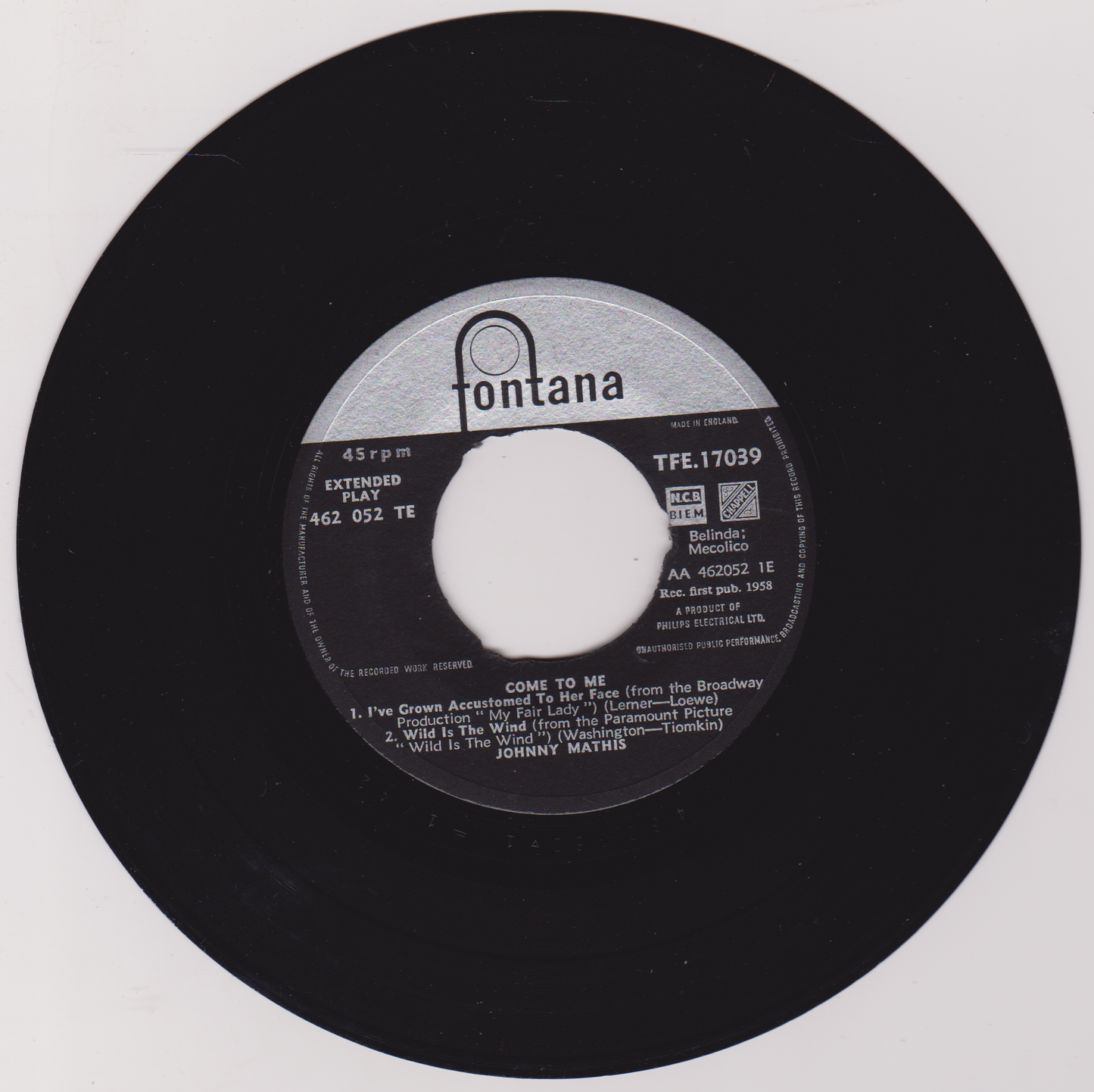Johnny Mathis – Come To Me (Fontana 1958) 7" vinyl EP VG/VG