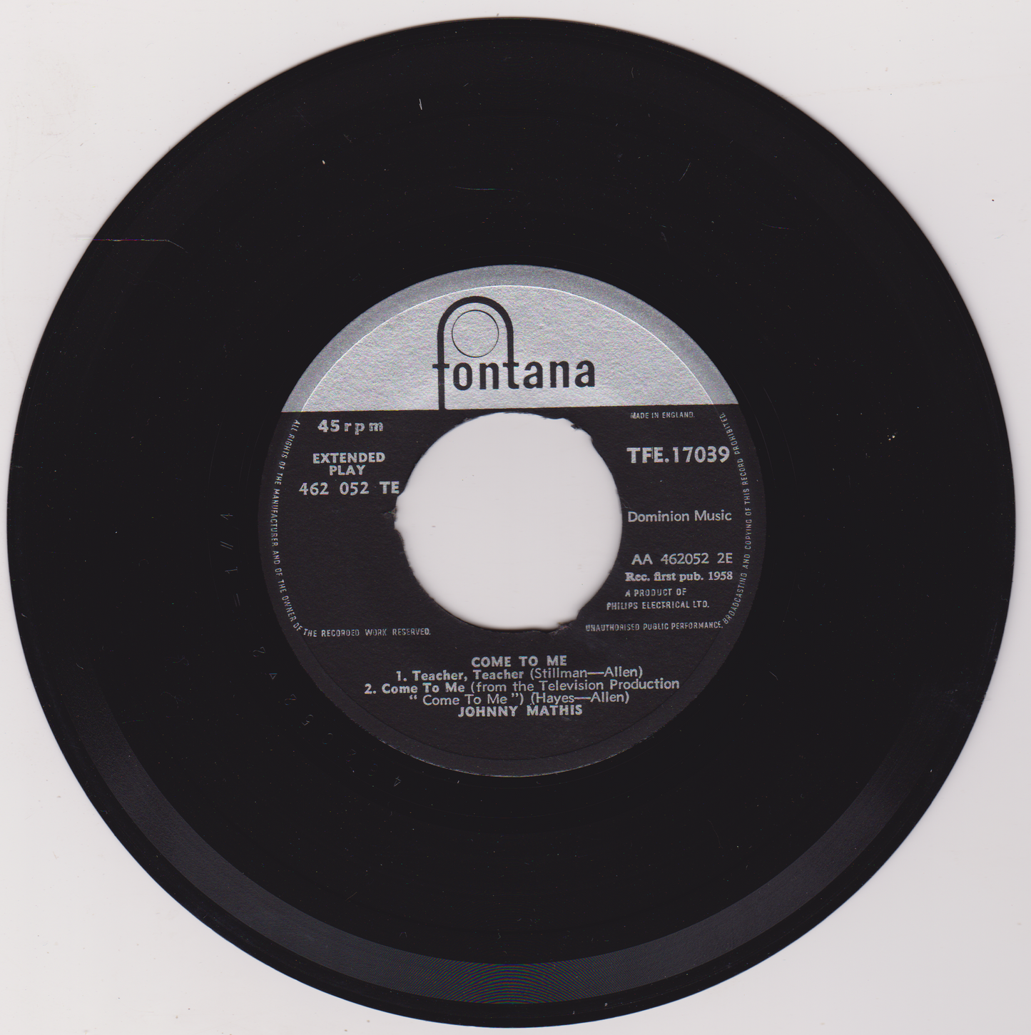 Johnny Mathis – Come To Me (Fontana 1958) 7" vinyl EP VG/VG