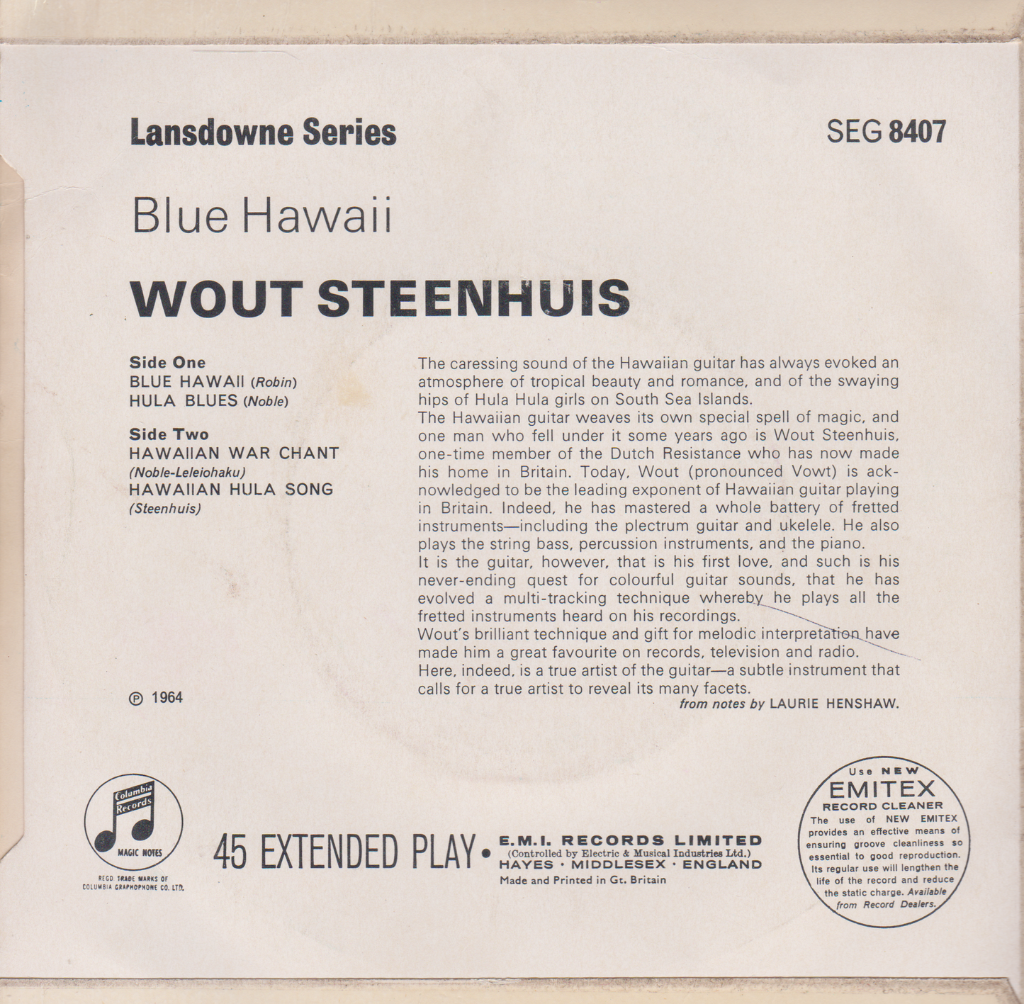 Wout Steenhuis – Blue Hawaii (Columbia 1964) 7" vinyl P/S EP VG/VG jukebox centre