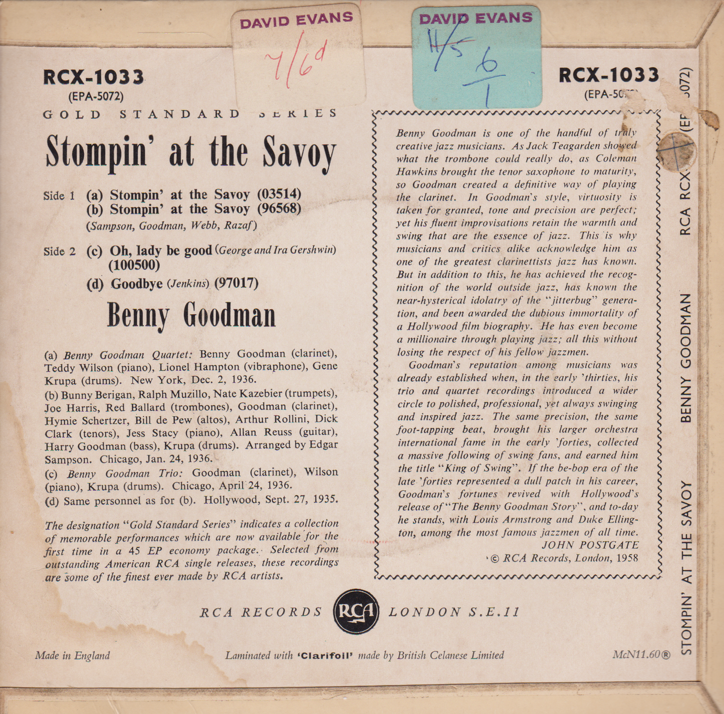 Benny Goodman – Stompin' At The Savoy (RCA 1960) 7" vinyl EP VG/VG