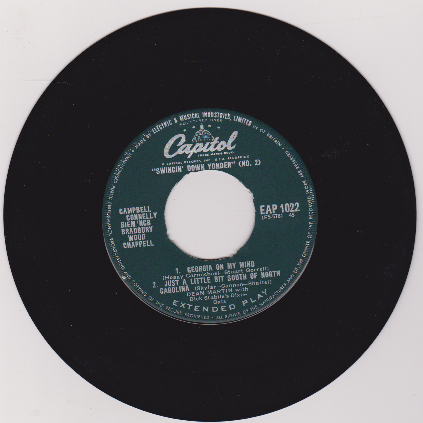 Vintage 45 RPM record label with Capitol Records branding on a white background.