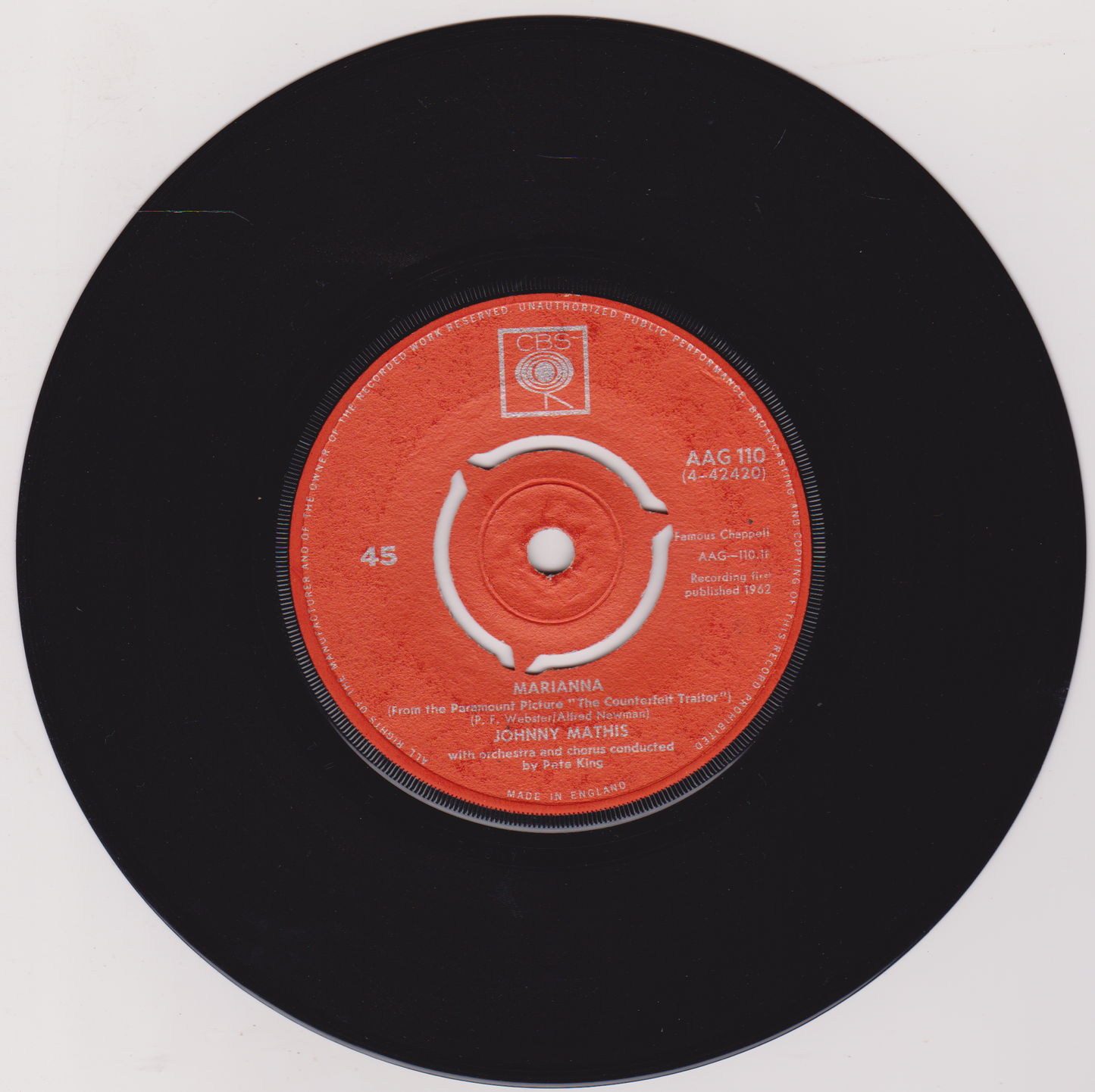Johnny Mathis – Marianna (CBS 1962) 7" vinyl single VG/VG