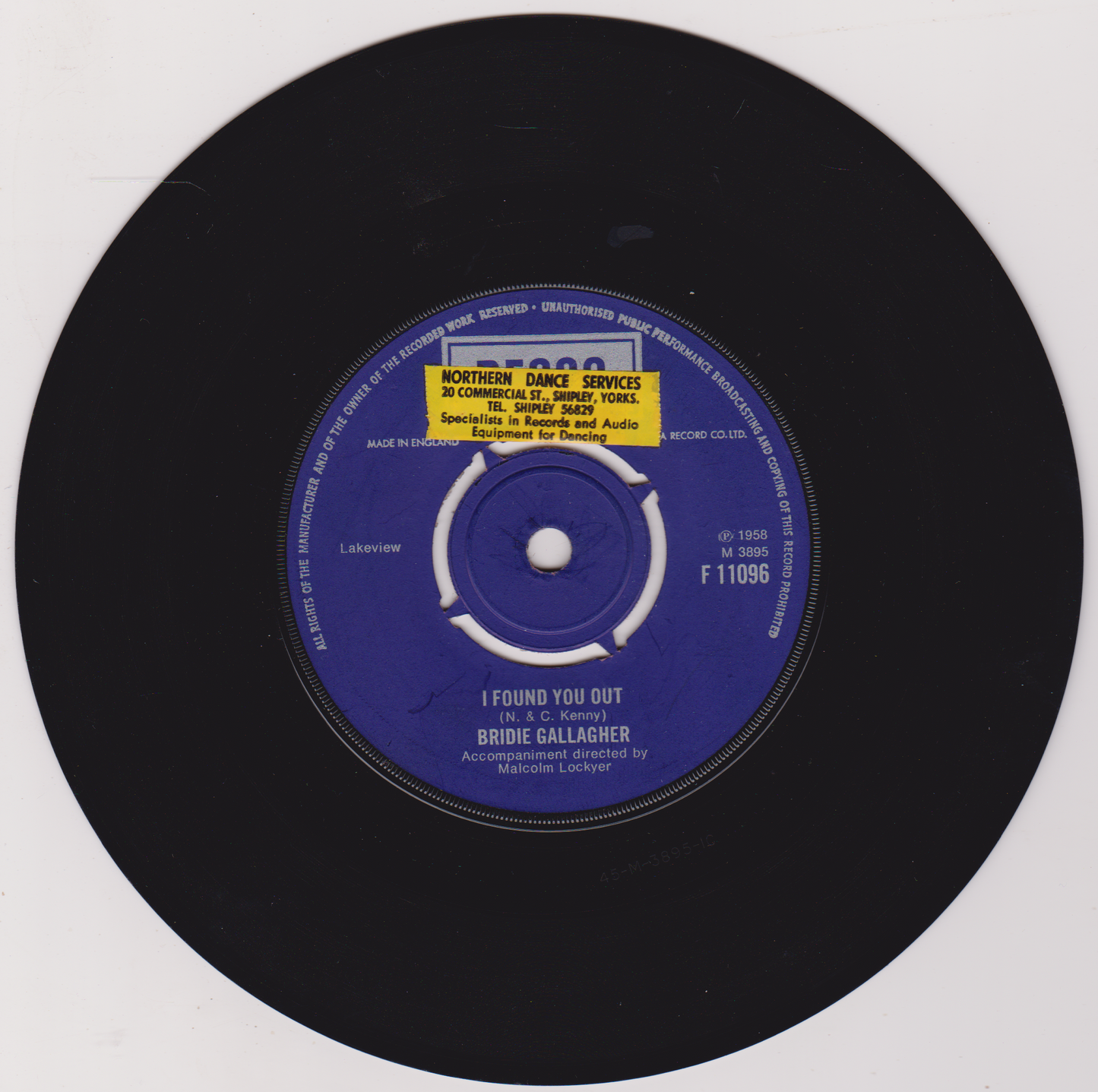 Bridie Gallagher – I Found You Out (Decca 1958) 7" vinyl single VG/-