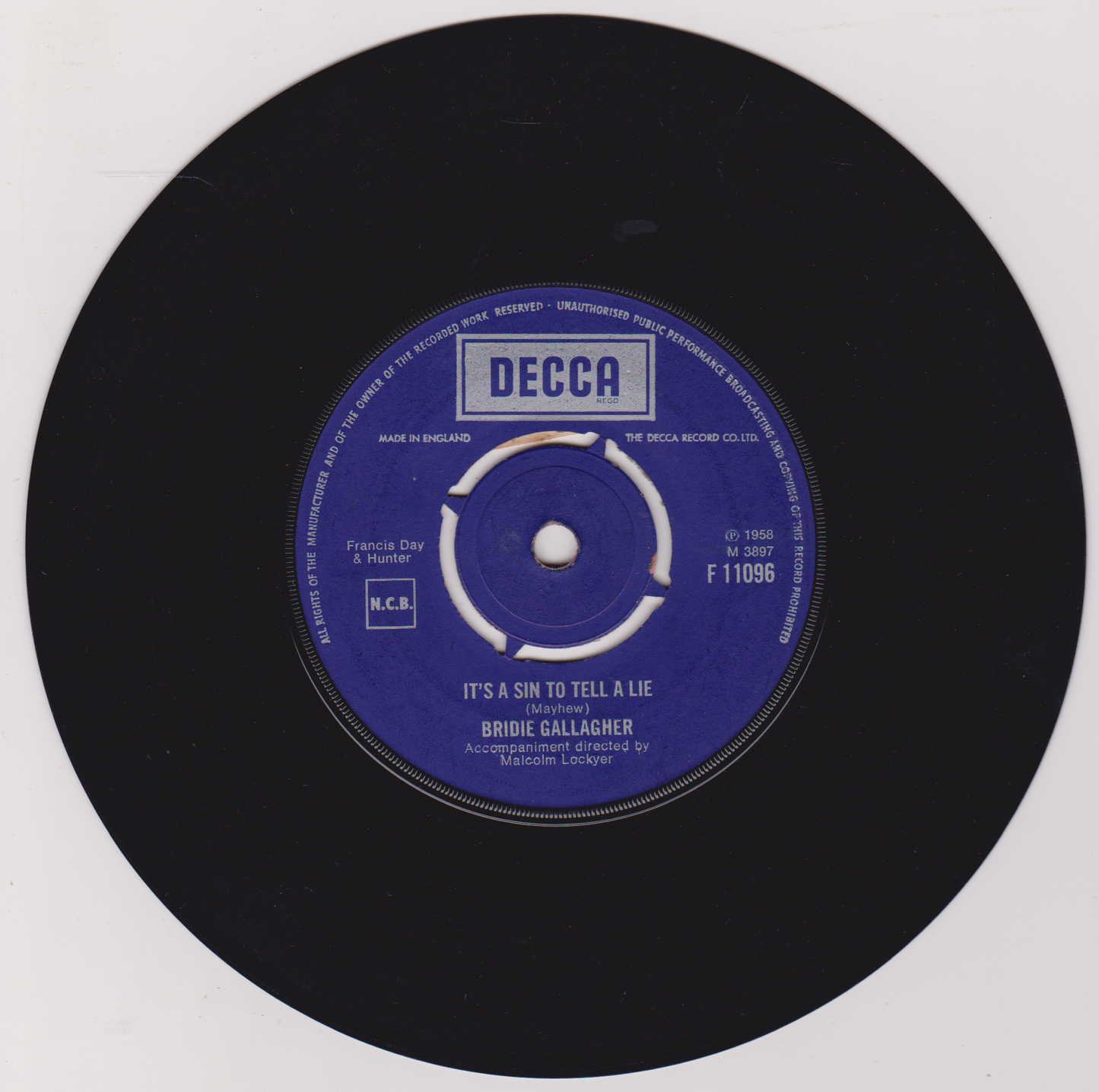 Bridie Gallagher – I Found You Out (Decca 1958) 7" vinyl single VG/-