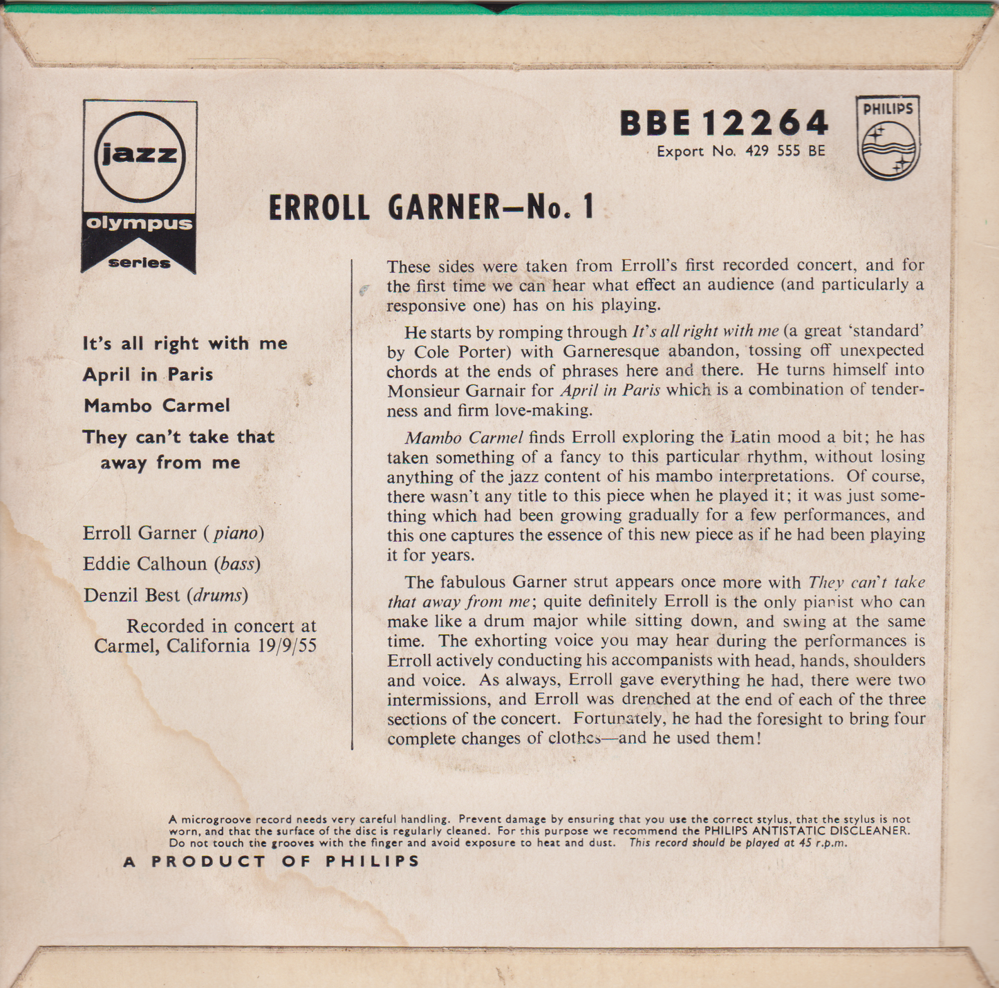 Erroll Garner – Erroll Garner - No.1 (Philips) 7" vinyl P/S EP VG/VG