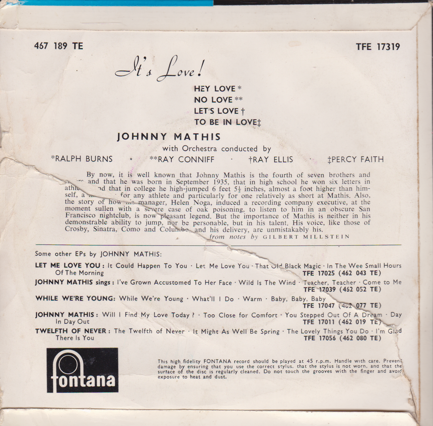 Johnny Mathis – It's Love! (Fontana 1960) 7" vinyl EP VG/P