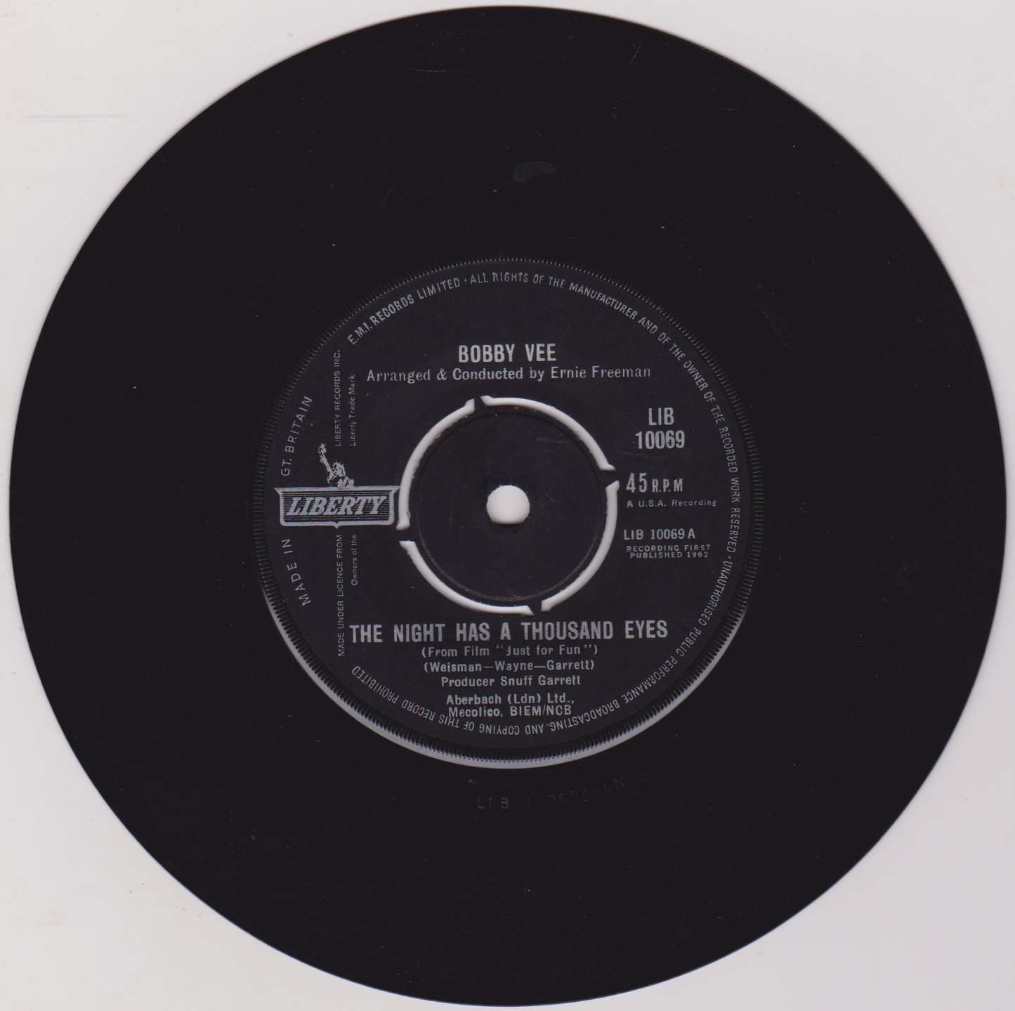 Bobby Vee – The Night Has A Thousand Eyes (London 1963) 7" vinyl single G+/-