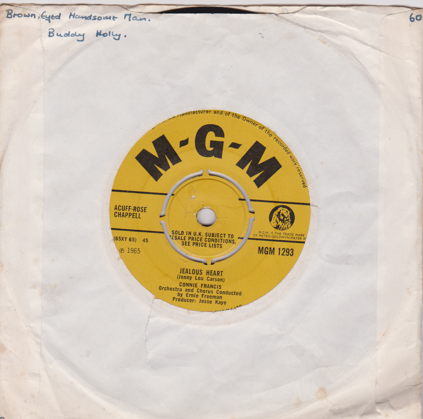 Connie Francis – Jealous Heart (MGM 1965) 7" vinyl single VG/-