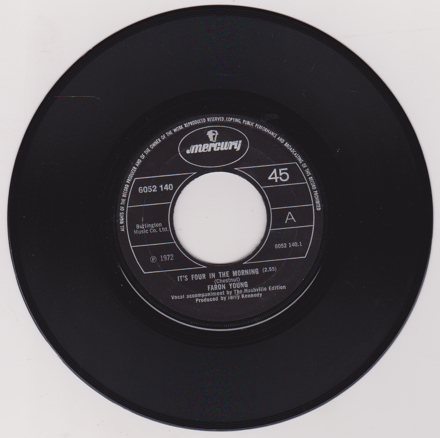Faron Young – It's Four In The Morning (Mercury 1972) 7" vinyl single VG- jukebox centre