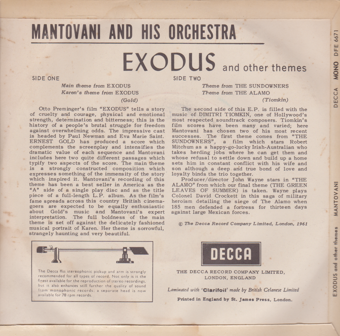 Mantovani – Plays The Theme From Exodus And Other Themes (Decca 1961) 7" vinyl P/S EP VG/VG