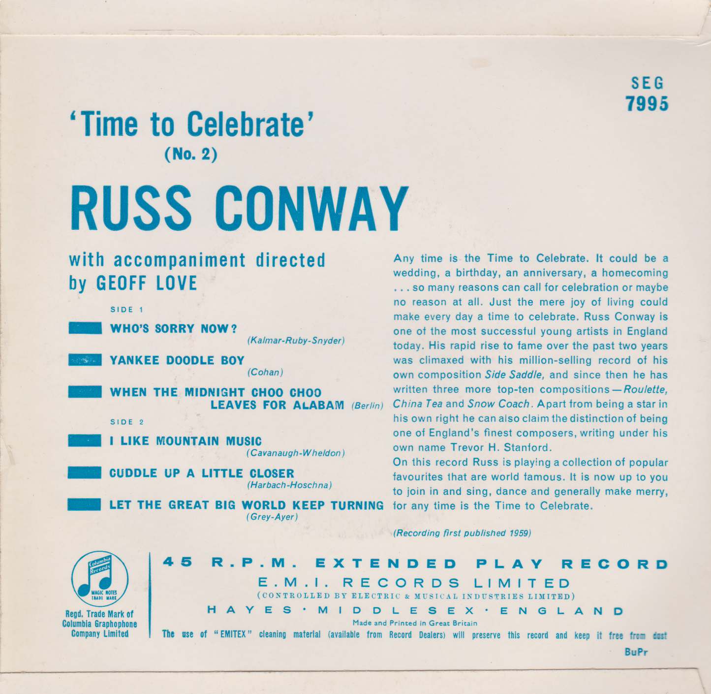Russ Conway – Time To Celebrate No.2 (Columbia 1959) 7" vinyl P/S EP VG/VG
