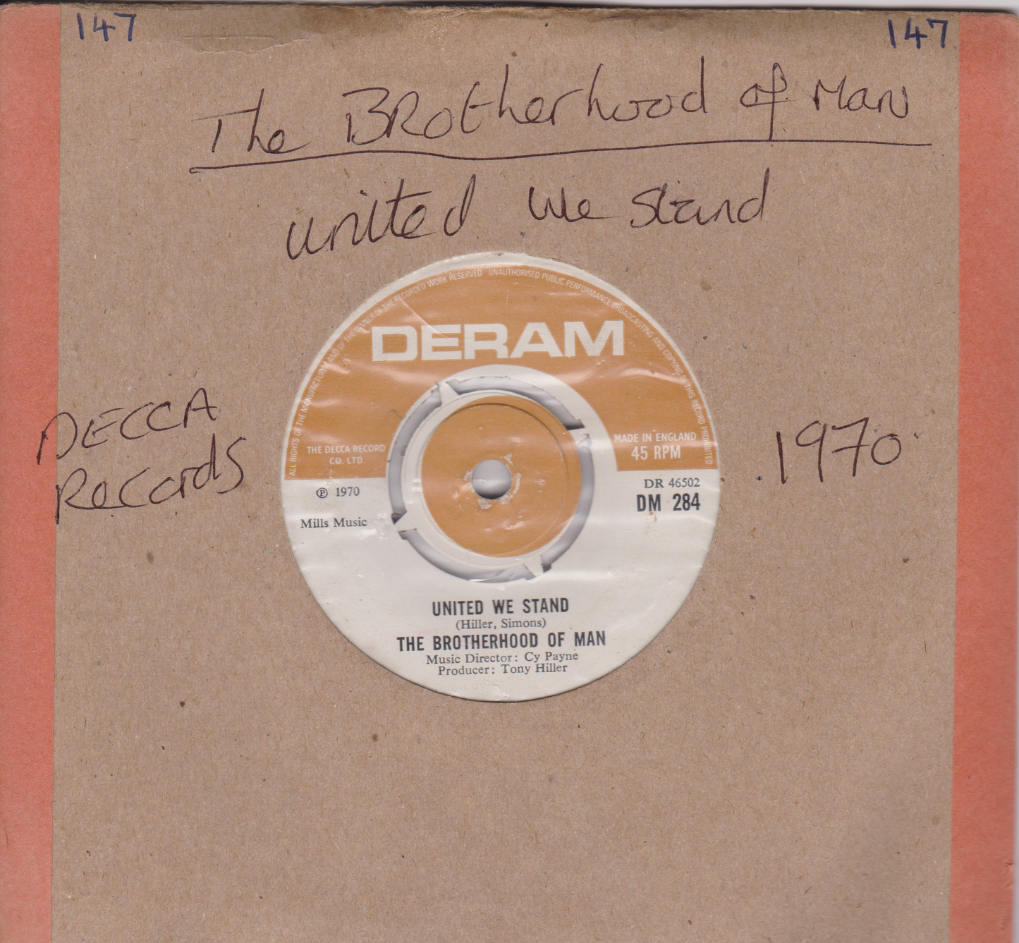 Brotherhood Of Man – United We Stand (Deram 1970) 7" vinyl single VG/-