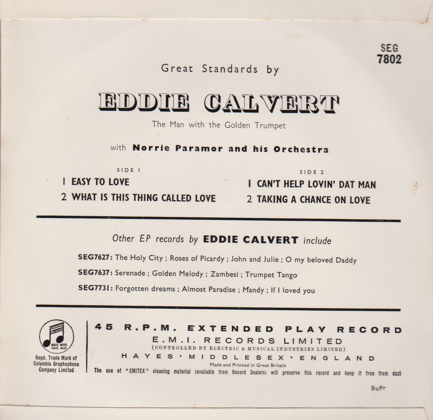Eddie Calvert – Great Standards By Eddie Calvert (Columbia) 7" vinyl P/S EP VG/VG