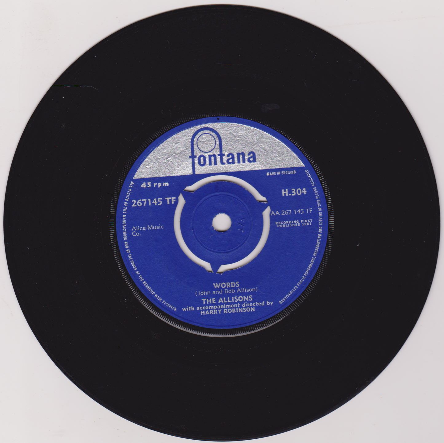 The Allisons – Words (Fontana 1961) 7" vinyl single VG/-