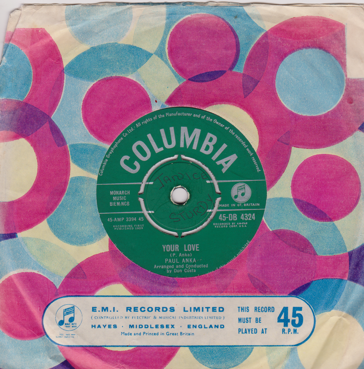 Paul Anka – Lonely Boy (Columbia 1959) 7" vinyl single VG/G+