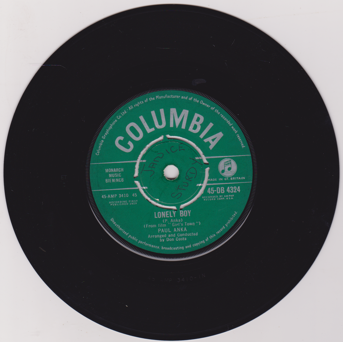 Paul Anka – Lonely Boy (Columbia 1959) 7" vinyl single VG/G+