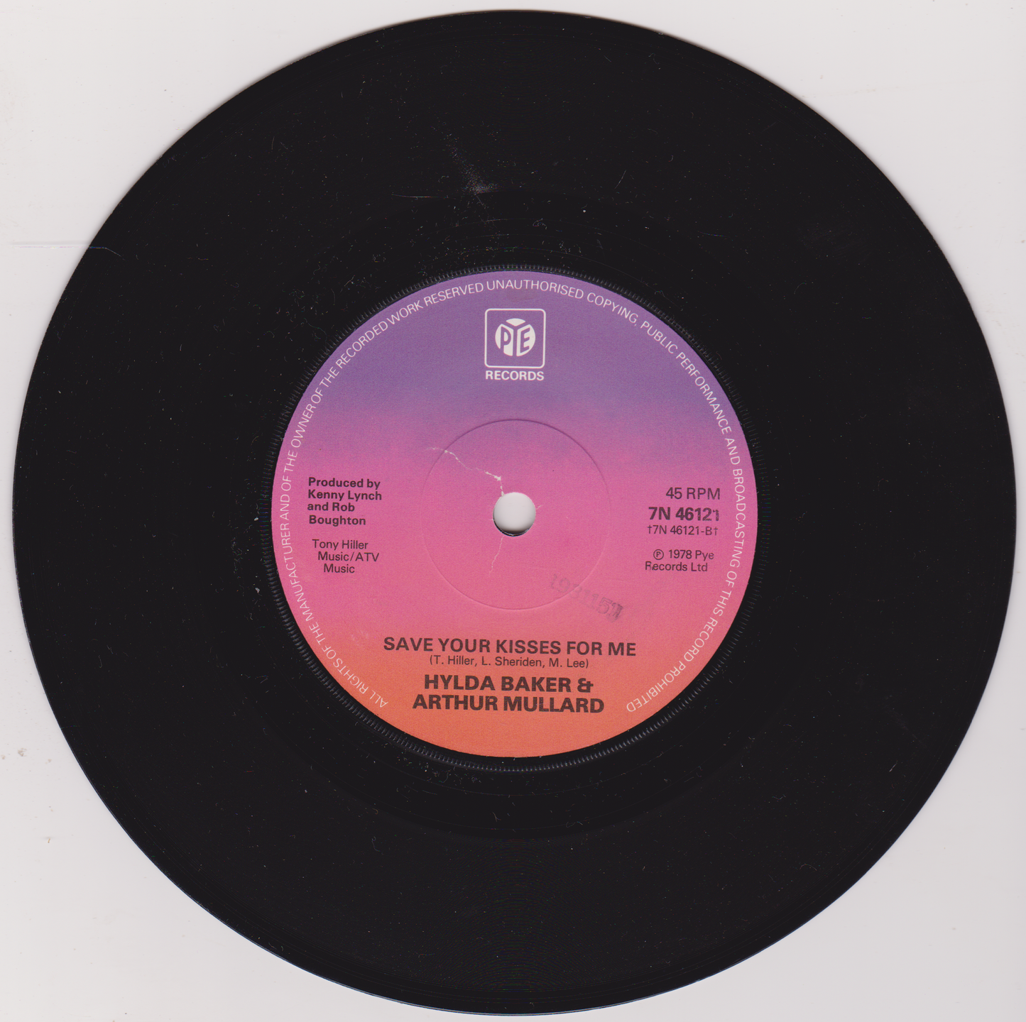 Vinyl record with pink label on white background
