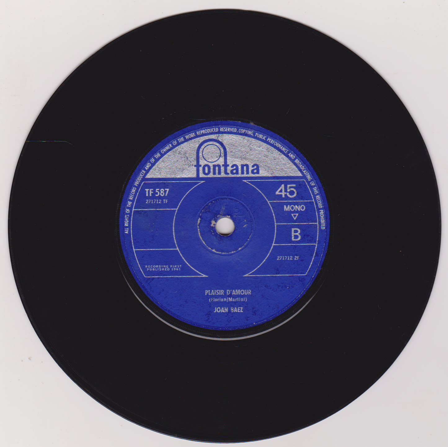Black vinyl record with blue label on white background