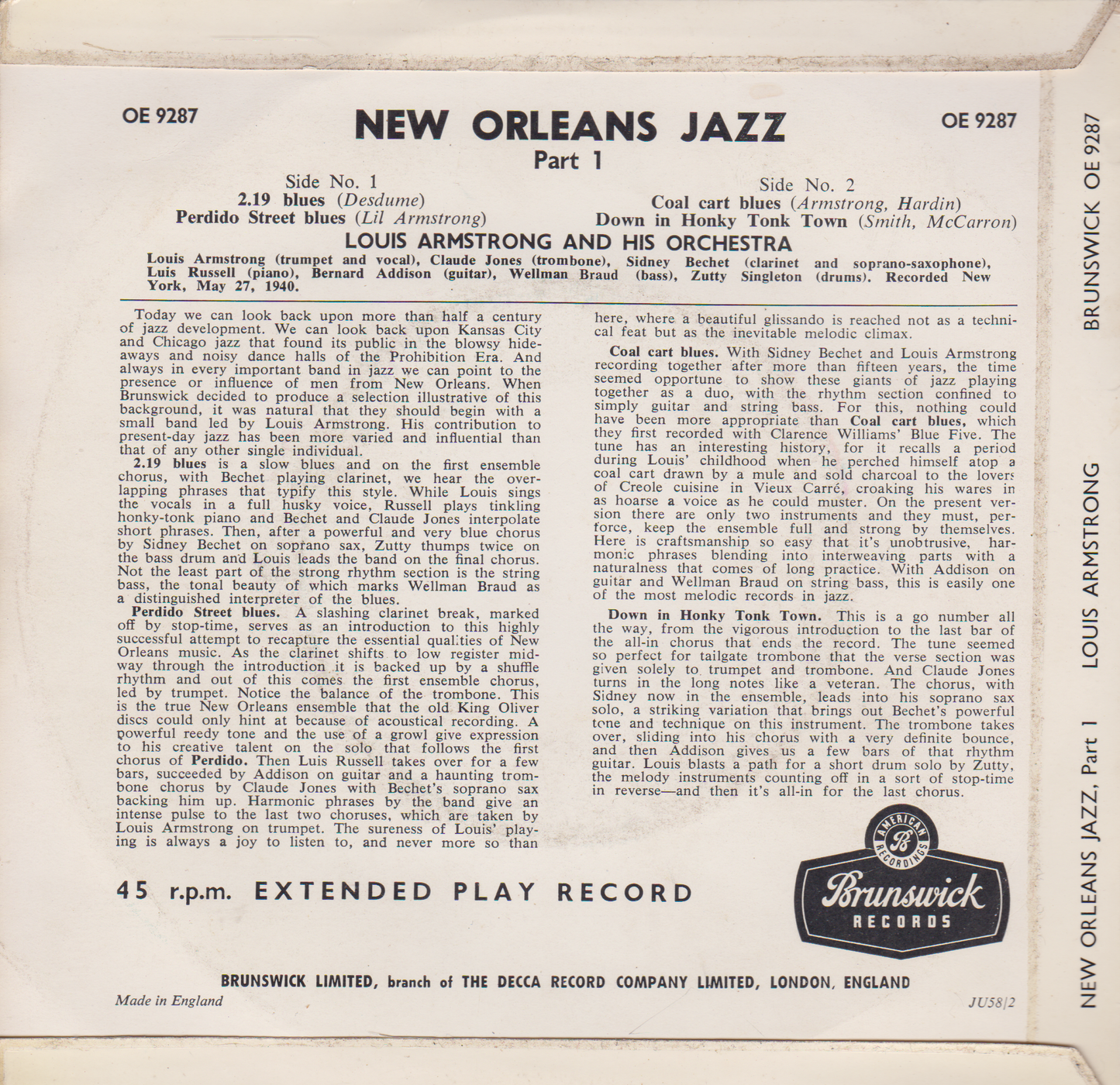 Louis Armstrong And His Orchestra – New Orleans Jazz Part 1 (Brunswick) 7" vinyl P/S EP VG/VG