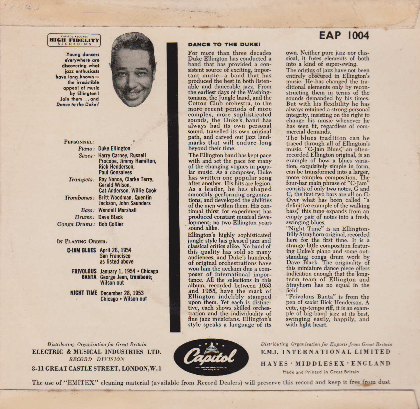Duke Ellington - Dance To The Duke! (Capitol) 7" vinyl P/S EP VG/VG