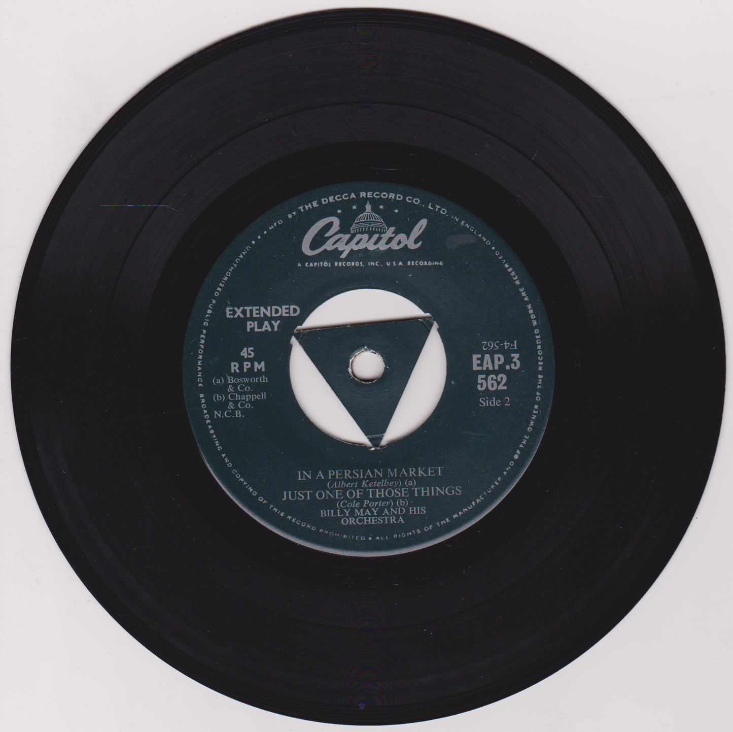 Black vinyl record with label on white background