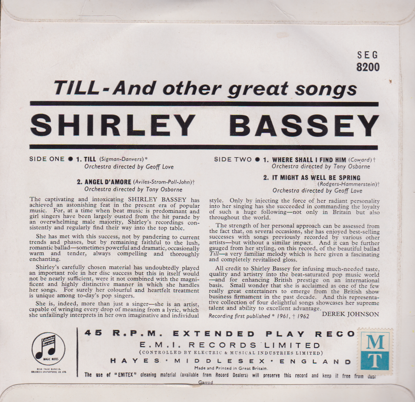 Shirley Bassey - Till - And Other Great Songs (Columbia 1962) 7" vinyl P/S VG/VG
