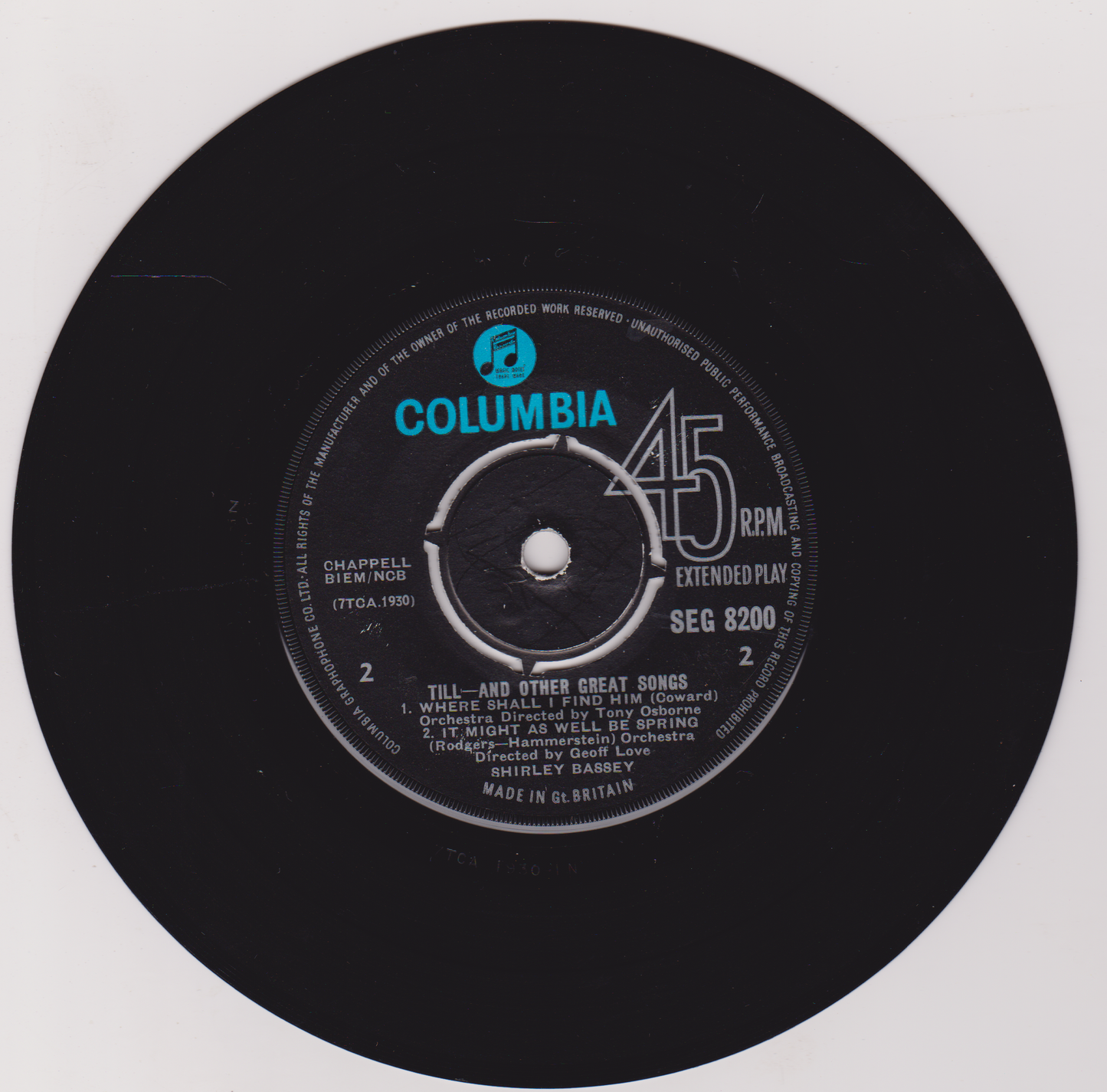 Label side of a vinyl record with text and logos.