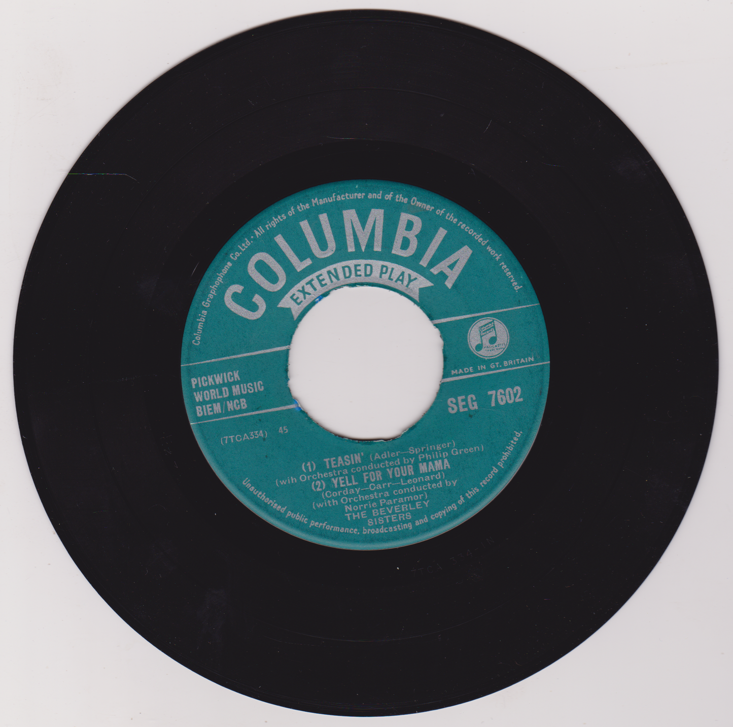 The Beverley Sisters – Three's Company (Columbia 1955) 7" vinyl single VG/VG jukebox centre
