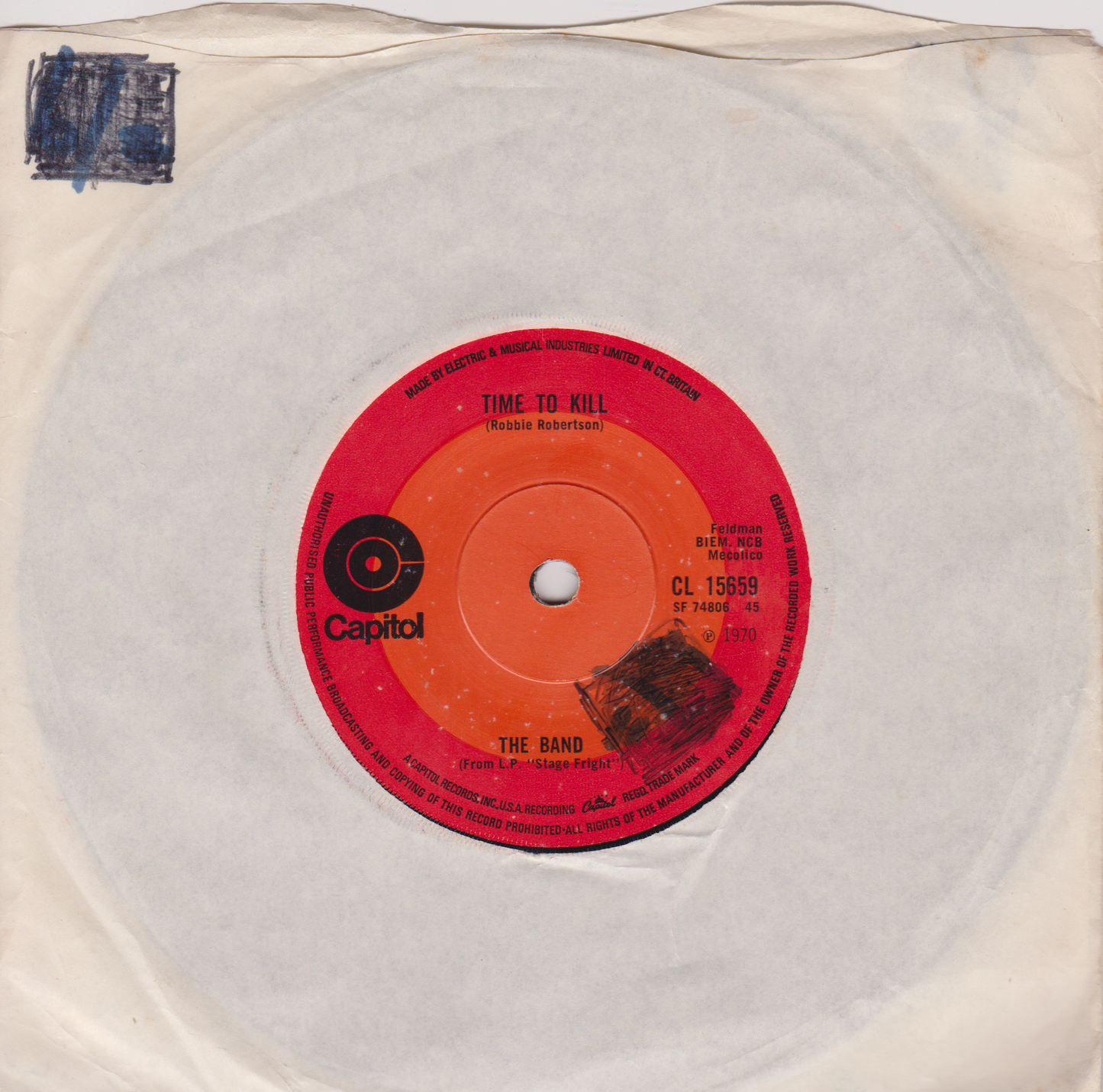 The Band – Time To Kill (Capitol 1970) 7" vinyl single VG/-