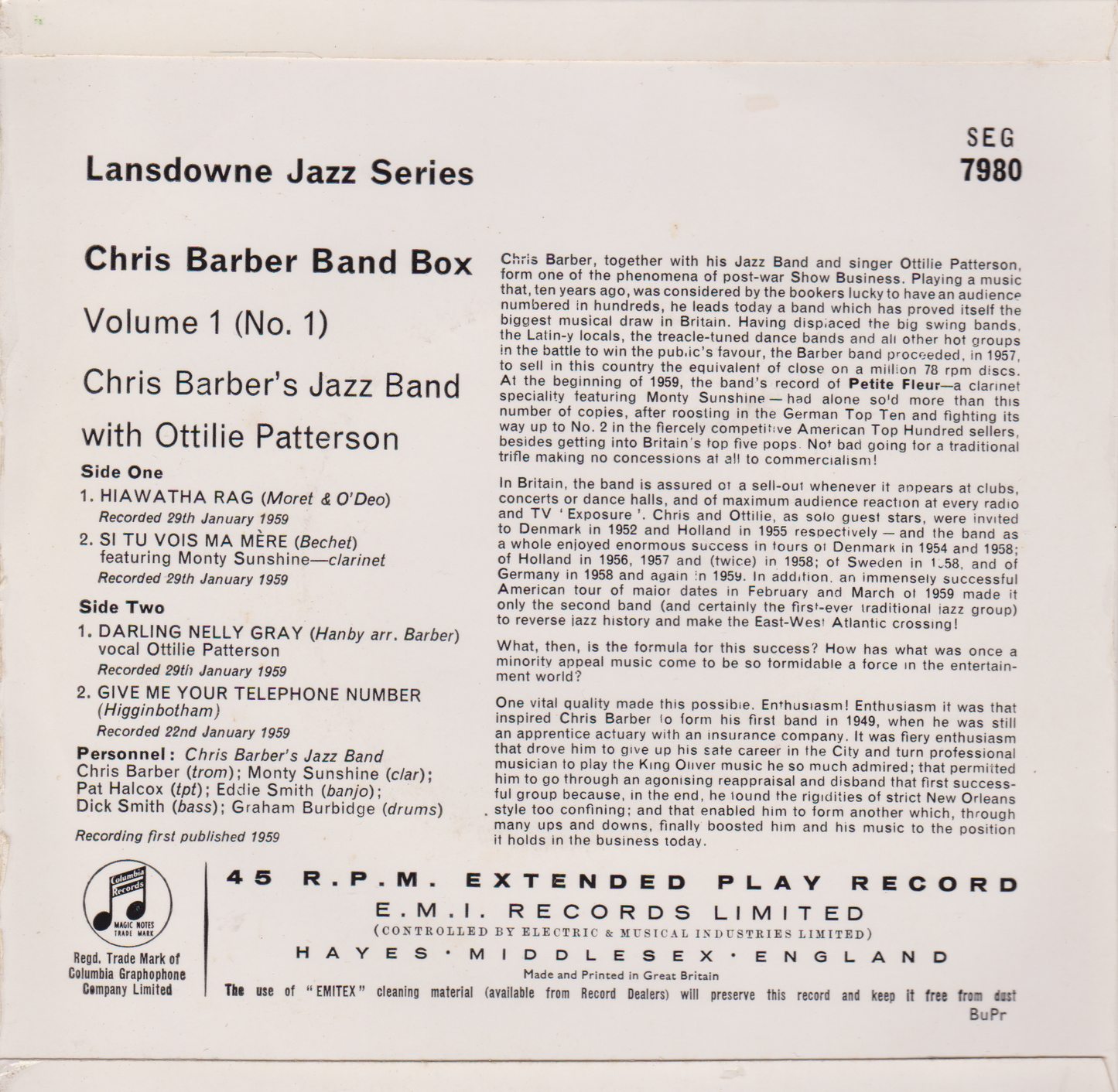 Chris Barber's Jazz Band With Ottilie Patterson – Chris Barber Band Box Vol. 1 No. 1 (Columbia) 7" vinyl EP VG/VG