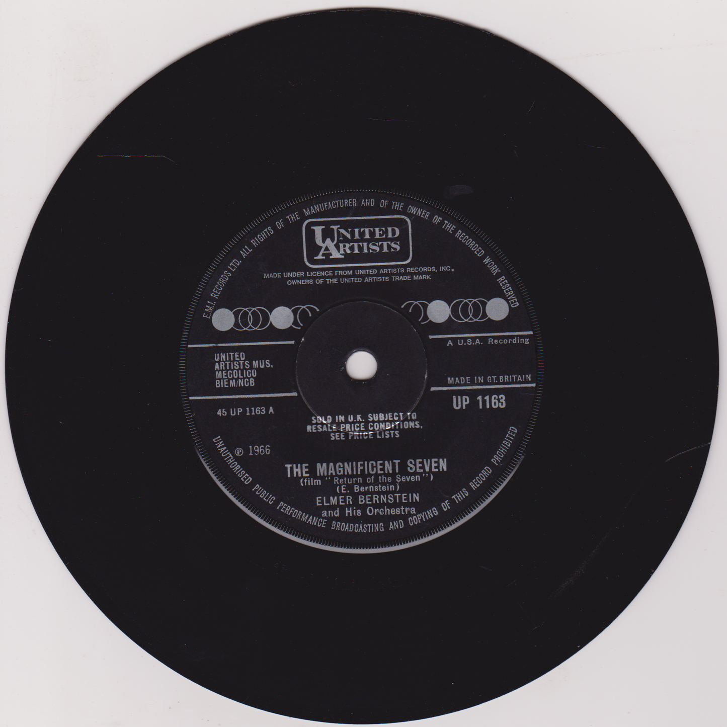 Elmer Bernstein & Orchestra – The Magnificent Seven (UA 1966) 7" vinyl single G+/-