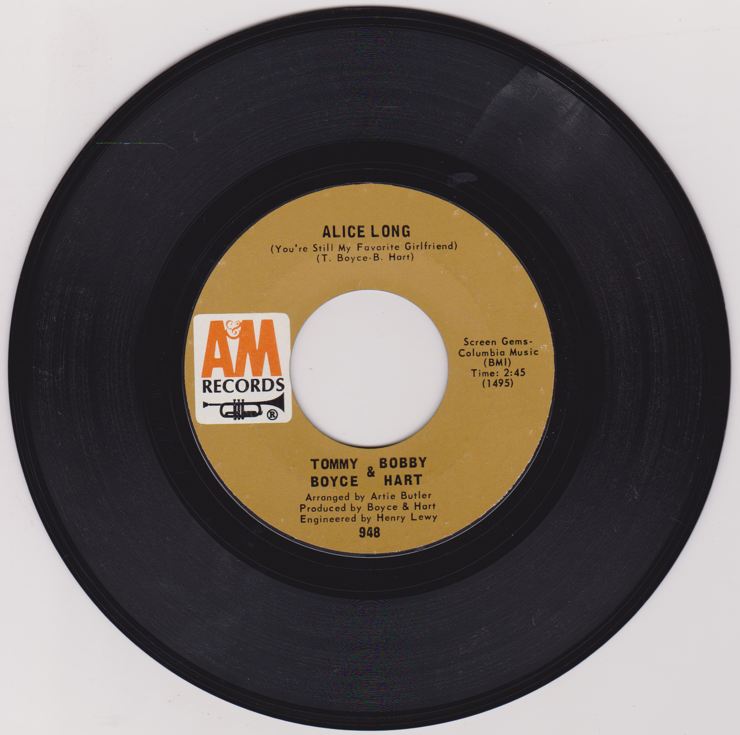 Tommy Boyce & Bobby Hart – Alice Long (A&M 1969) 7" vinyl US single VG/-