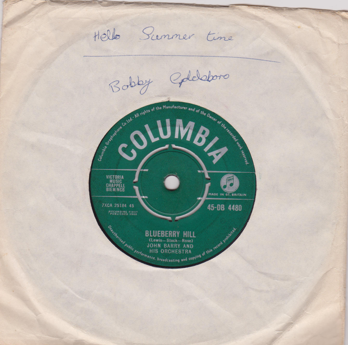 The John Barry Seven - Blueberry Hill (Columbia 1960) 7" vinyl single G+/-