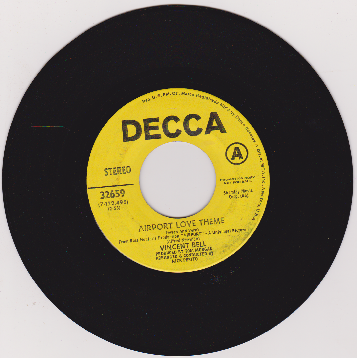 Vincent Bell – Airport Love Theme (Decca 1970) 7" vinyl US single VG/- promo jukebox centre