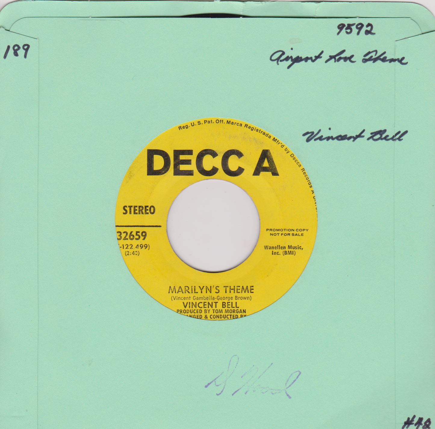Vincent Bell – Airport Love Theme (Decca 1970) 7" vinyl US single VG/- promo jukebox centre