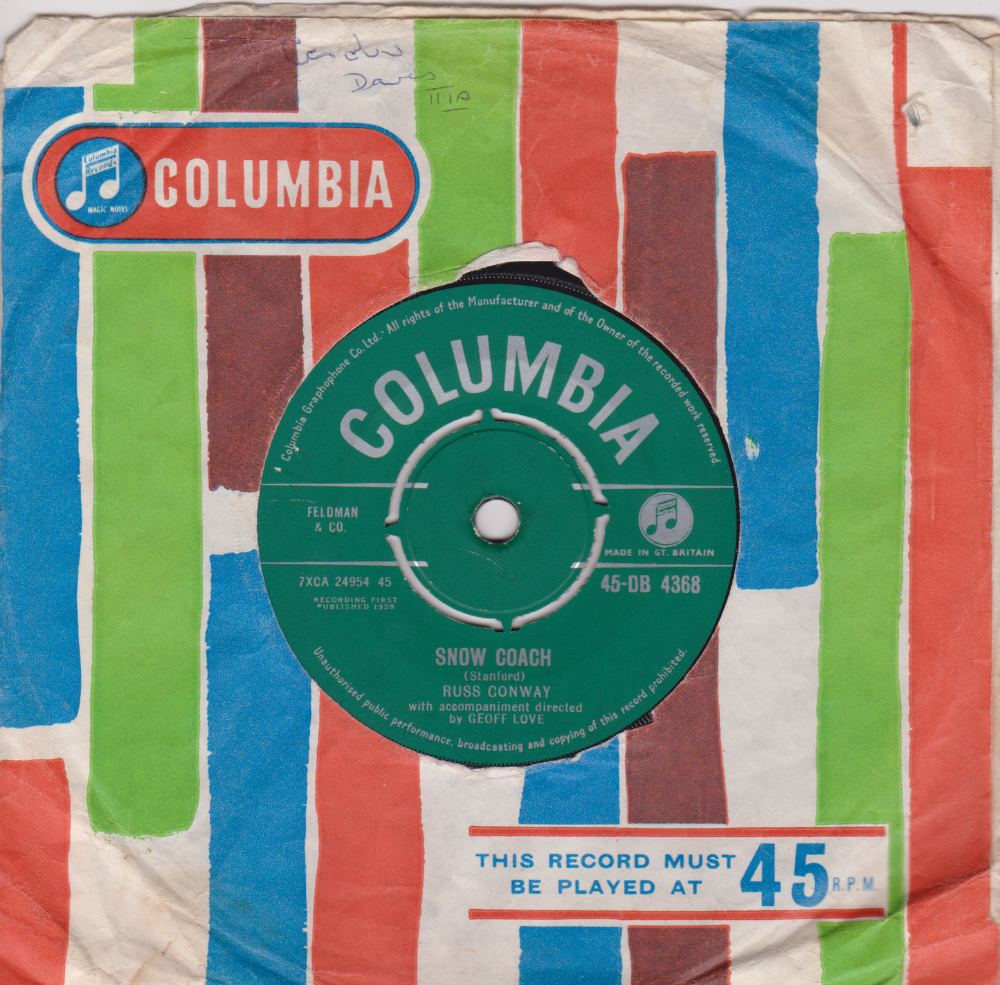 Russ Conway – Snow Coach (Columbia, 1959) 7" vinyl VG/-