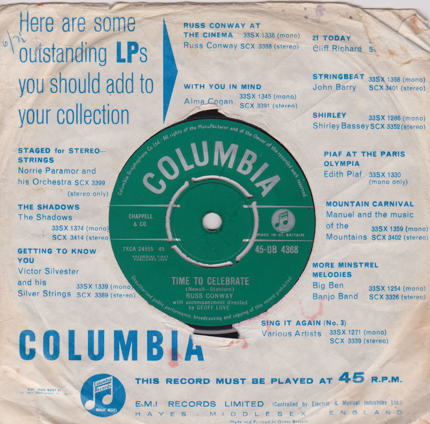 Russ Conway – Snow Coach (Columbia, 1959) 7" vinyl VG/-