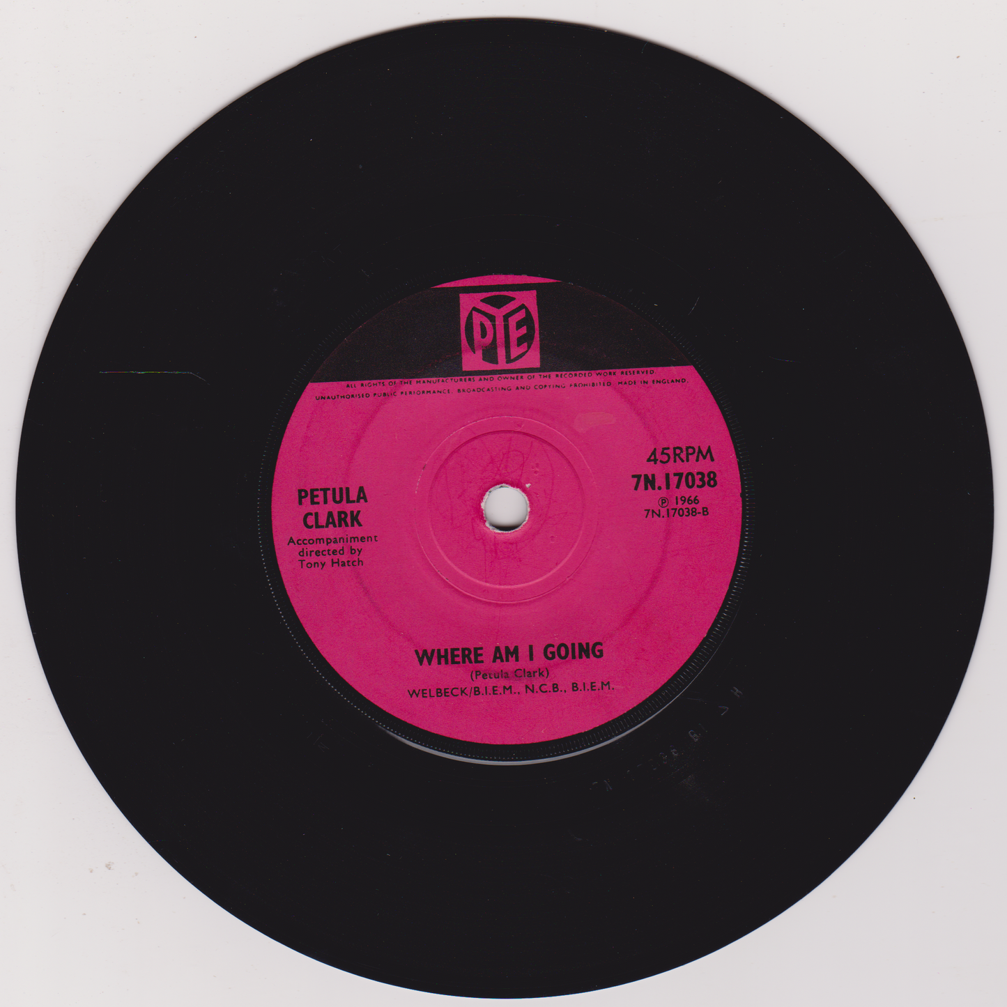 Vinyl record with pink label featuring Petula Clark's 'Where Am I Going' on a white background