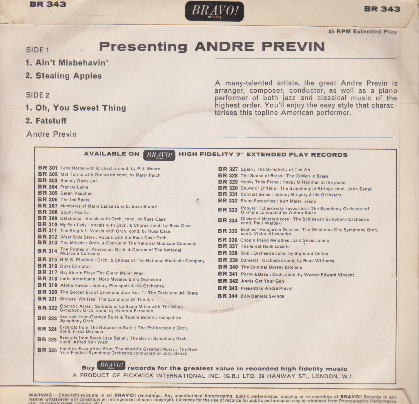 André Previn – Presenting Andre Previn (Bravo 1965) 7" vinyl P/S EP VG/VG